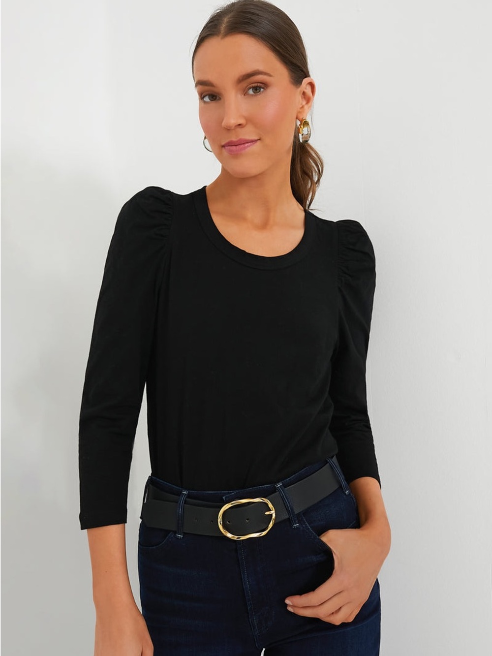 NWT Tuckernuck Vesty Puff Sleeve Top Black Cotton Crewneck XL Pomander Place